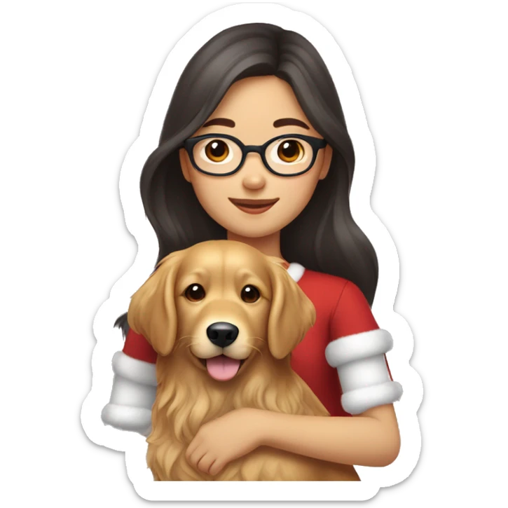 christmas Asian Girl with long wavy dark brown hair and medium brown eyes and eyeglasses holds her pet golden retriever sticker