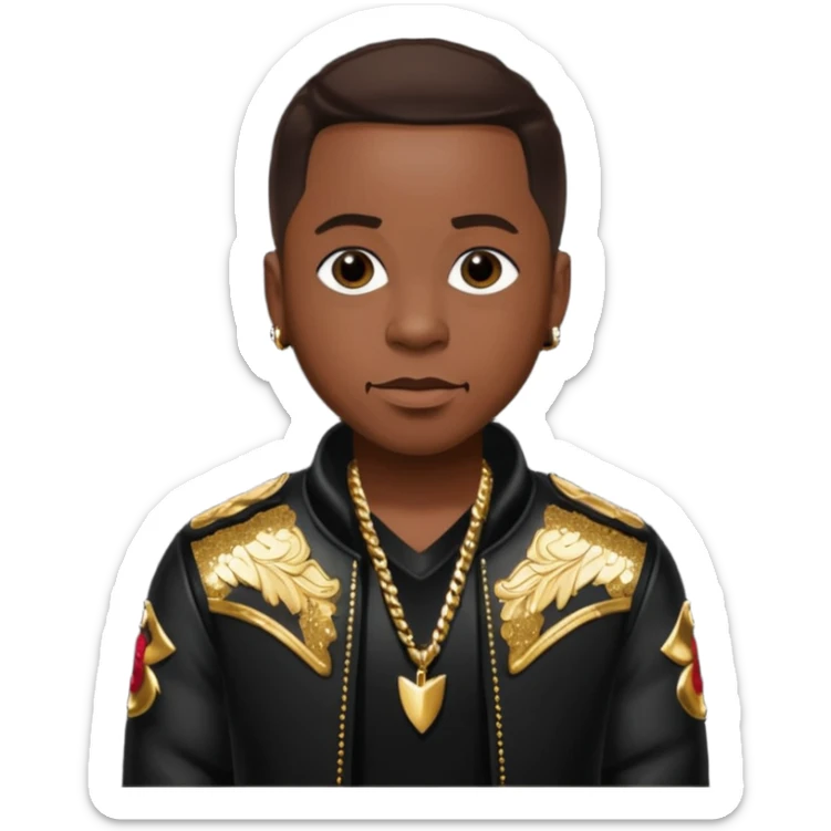 Woody from Dru Hill with dark brown hair, black sequin outfit, dark skin sticker