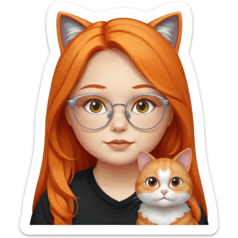 girl with chubby cheeks, very long orange hair, and silver cat-eye glasses. Black clothes. Without cat or cat ears sticker