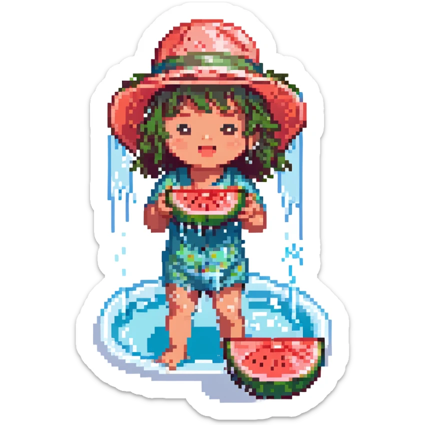 Change the river color to a vibrant turquoise, keeping the rest of the pixel art scene the same, with a cute kid in a sun hat eating watermelon by the riverside, splashing water, sparkles, and a refreshing breeze. sticker
