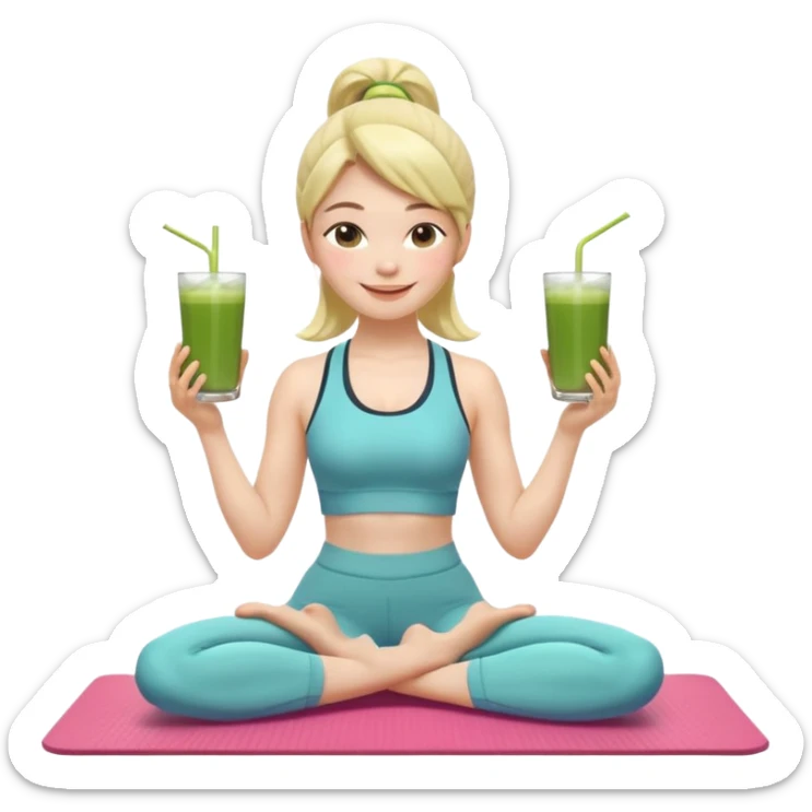Девушка-мемоджи радостно сидит на коврике для йоги, в спортивной позе, в ярком стильном спортивном комплекте. Лицо сияющее, улыбка очень довольная и счастливая, в руках яркий стакан освежающего матча-лимонада, вокруг атмосфера свежести, отдыха и комфорта. Белый фон. 2 руки и 2 ноги sticker