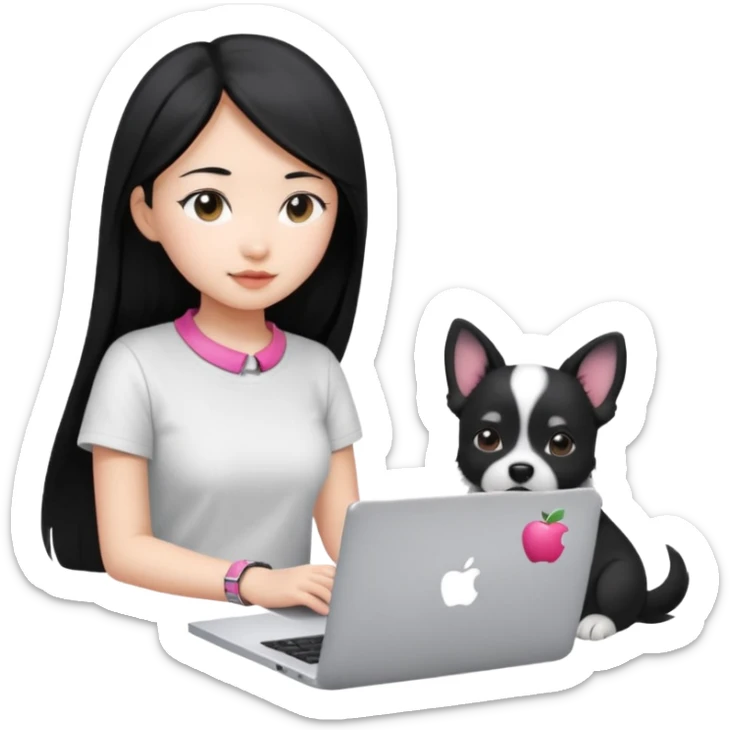 Blue back ground, Asian girl with long black hair , wearing a white t-shirt, working on an Apple laptop, next to her is a small black and white dog with pink collar on  sticker