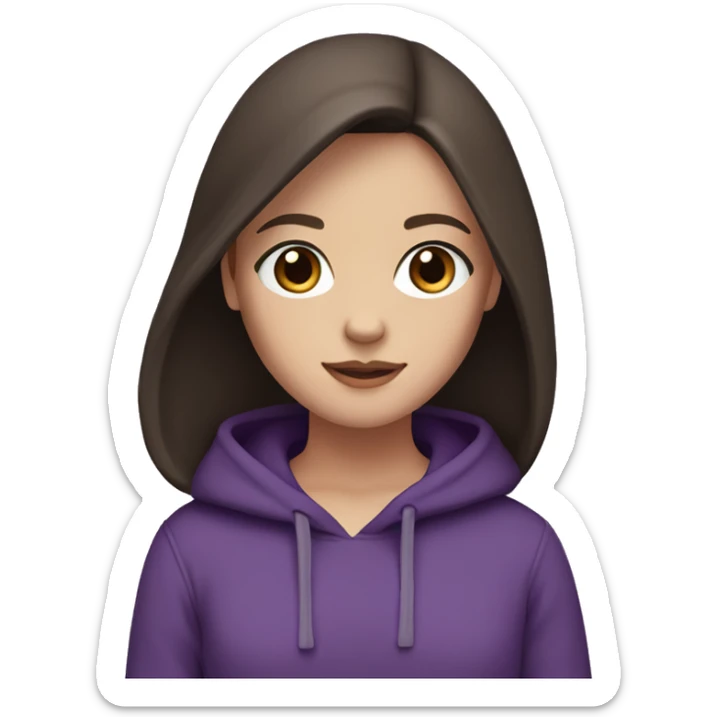 A white girl with dark brown straight hair and dark brown eyes with a purple hoodie sticker