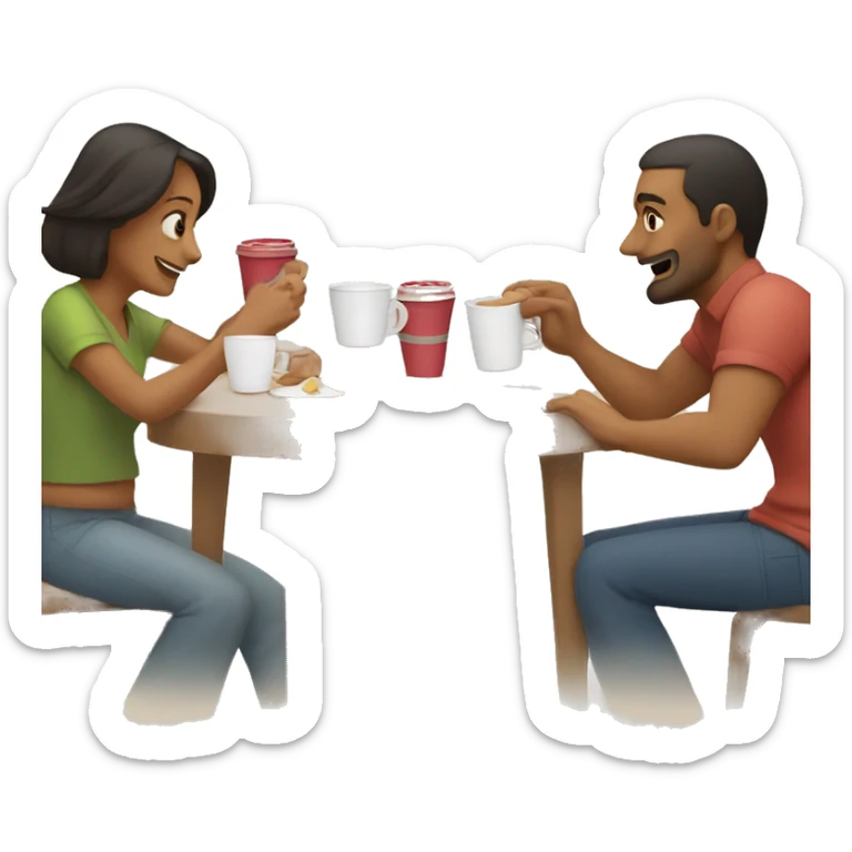 An emoji of a family—mother, father, and child—sitting at a table, playing a cup game with paper cups arranged on the table as they have fun together sticker