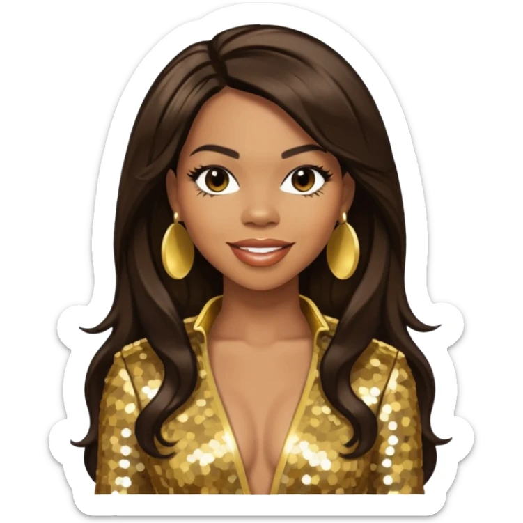 Tenitra Michelle Williams, R&B Singer from Destiny's Child with long dark brown hair, gold sequin outfit, medium dark skin sticker
