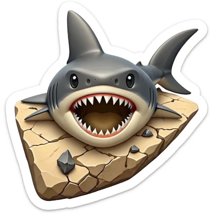 3D render of Shark Tooth, embedded in a chunk of rough sedimentary rock, cracked stone texture, ancient fossil aesthetic, shiny black enamel tooth embedded in beige sand, matte dry finish, Apple emoji style, isolated on white background --v 6.0 sticker