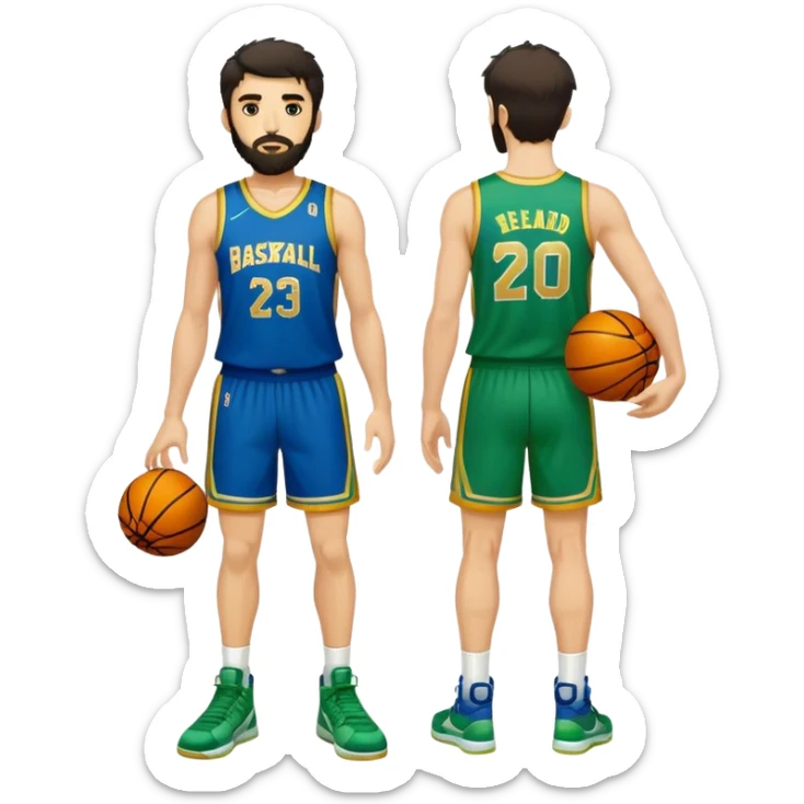 Full Body  white male basketball player with short shaggy dark hair and gold tee beard wearing blue and green uniform sticker