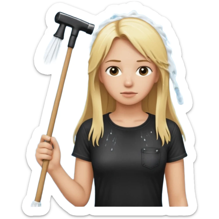 Bdsm male dominant wearing jeans black T-shirt and holding a flogger watching from outside blonde long hair sub with a collar showering with suds all over her sticker