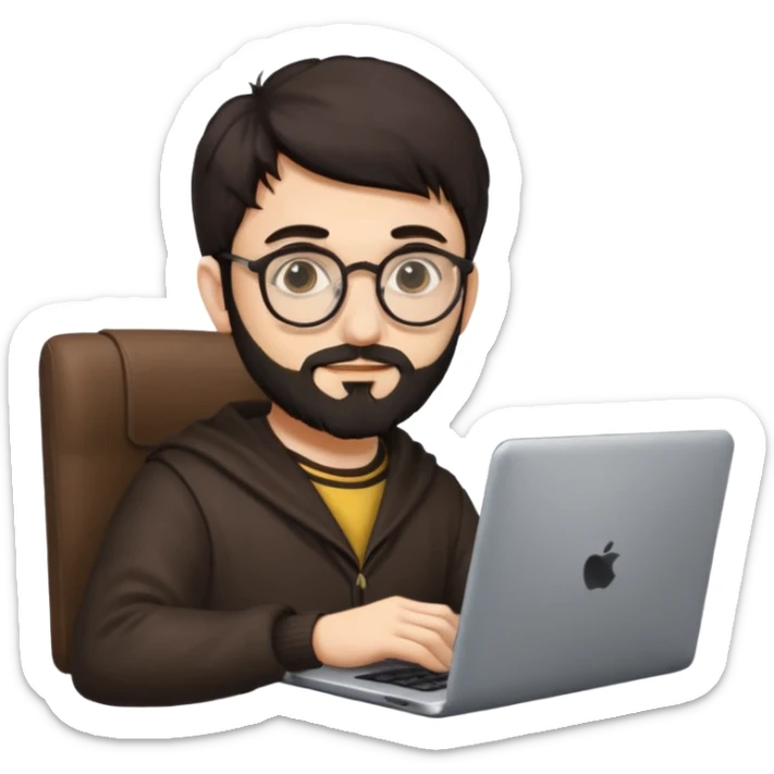 23 year old Azerbaijani man with very dark brown hair and beard with glasses and laptop , light yellow skin face, not European, glasses like a harry potter sticker