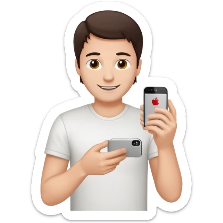 make a white guy with dark brown hair, with a simple white o grey shirt, repairing an iphone, un tecnico happy sticker