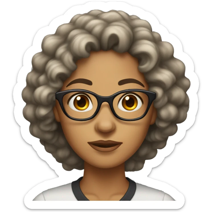 Head front view,A woman with very long thick black curly hair, tan skin , wearing eyeglasses  sticker