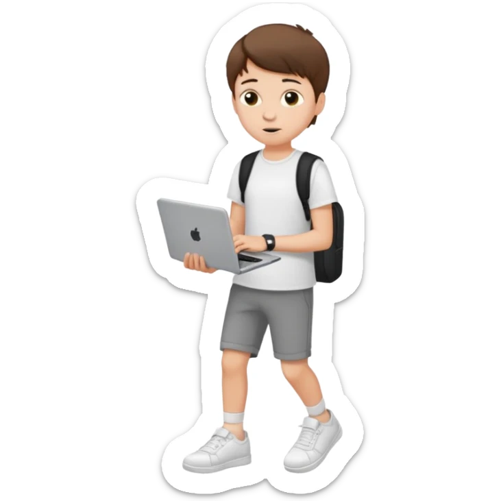 white teenage boy student, short hair, wearing a t-shirt and sneakers, carrying a laptop sticker