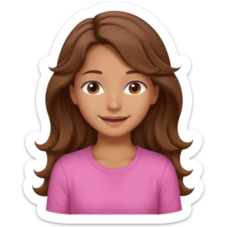 A pretty girl with tan skin and long wavy hair, wearing a pink basic shirt with brown eyes and a closed mouth smile sticker