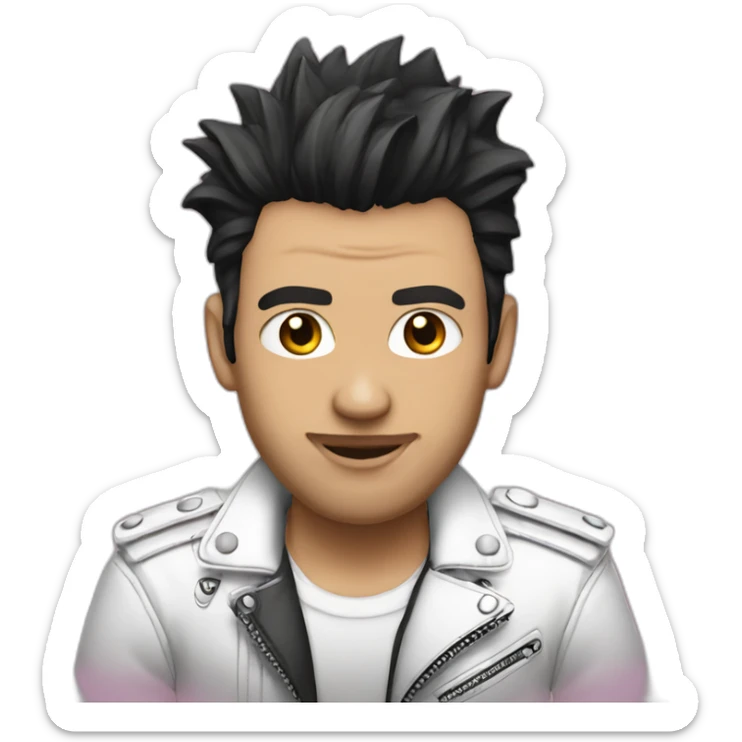 Punk male,dark hair, with white leather jackect,pink tshirt sticker