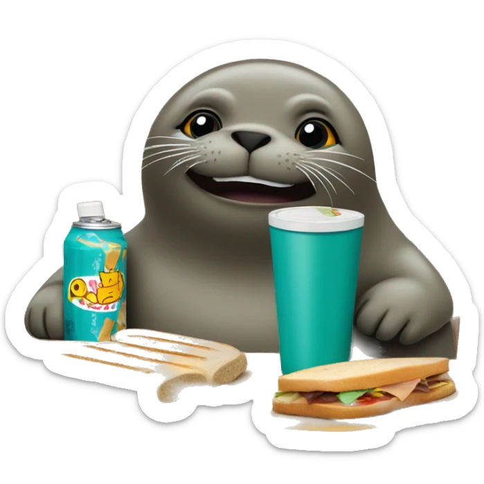 teal-coloured seal sitting behind a table with a sandwich, bottle of soda, and chocolate bar sticker