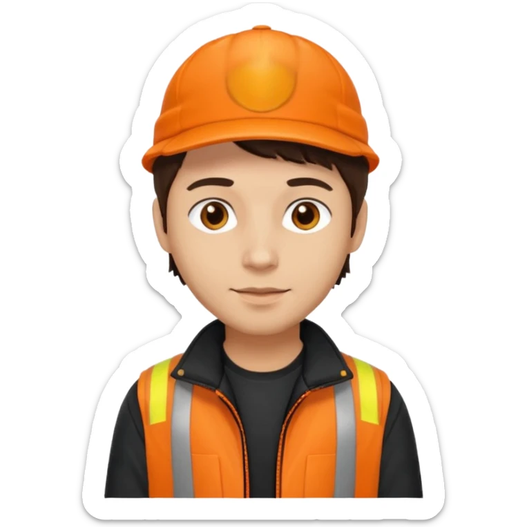 Kindly Keyin (male) with light skin, dark brown hair, orange cap and shirt, black jacket sticker