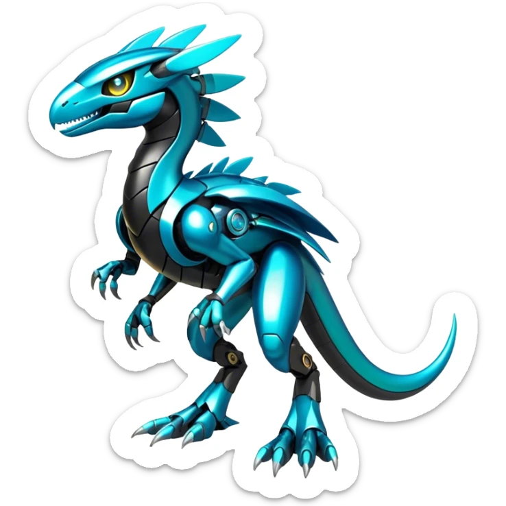 Shiny Futuristic Celestial Glossy-Metallic-Alloy Fakemon-Pokemon-Digimon-Spectrobes-Raptor-fusion, full body, four legs, black body, cyan accents, scales sticker