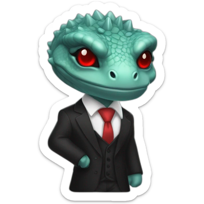 Aquamarine reptilian in classic black suite with red laser eyes on the middle of platinum coin sticker