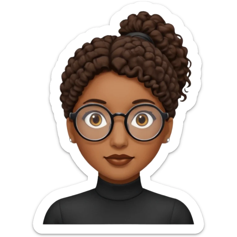chica morena de ojos claros con gafas negras exagonales redondeadas. y pelo rizado castaño con todo el pelo recogido en una coleta .. Con todo el pelo recogido un clen look solamente una coleta sticker