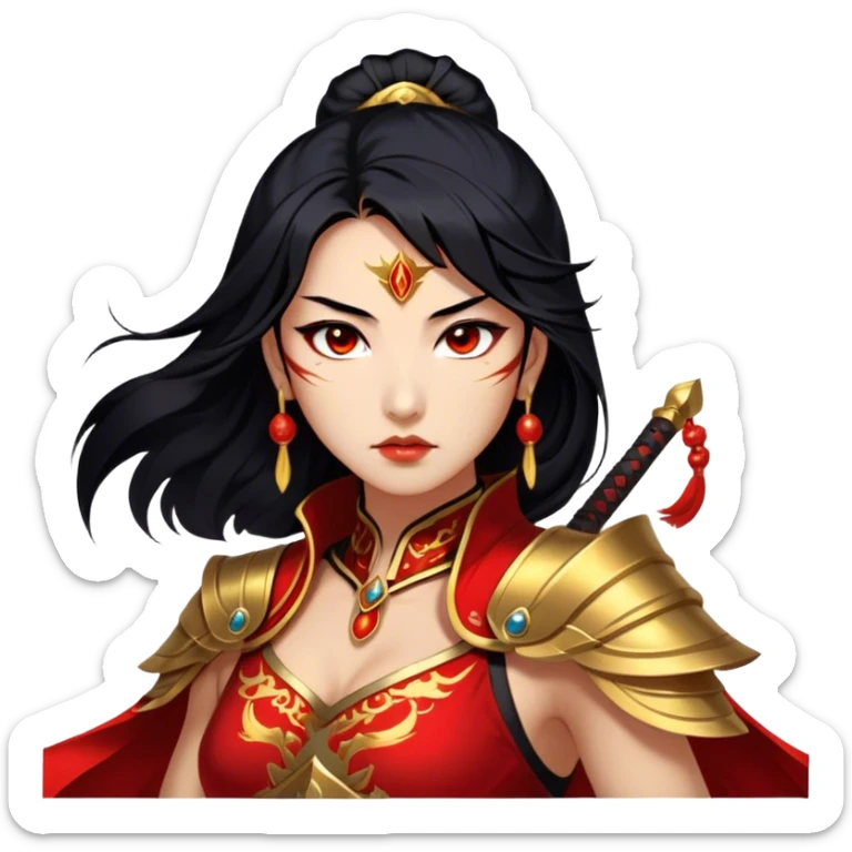 Cinematic Stunning Mulan Portrait Emoji, Fierce yet graceful, flowing raven-black hair, piercing brown eyes filled with determination, adorned in regal red and gold warrior attire, glowing with the strength and beauty of a true heroine, an elegant warrior in her prime! sticker