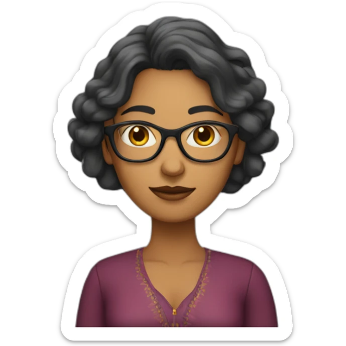 Indian woman with medium long wavy hair wearing glasses and fingers crossed sticker