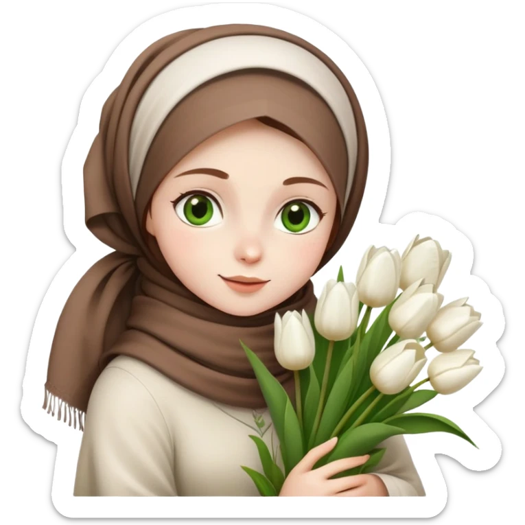 A sweet girl with white skin, green eyes, wearing a brown headscarf and bouquets of white tulips in her arms. sticker