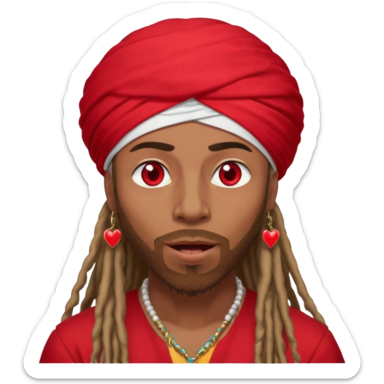Brownskin man with long dreadlocks red shirt add white dubai turban add red heart in both of his eyes mouth open  sticker