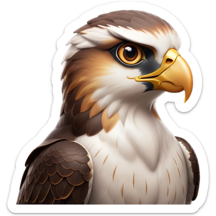 Cinematic Noble Falcon Portrait Emoji, Poised and majestic, with a streamlined, muscular build, a sharply hooked beak, and intense, piercing eyes that exude focus and speed, Simplified yet sharp and sophisticated features, highly detailed, glowing with a soft, amber radiance, high shine, intelligent and commanding, stylized with an air of aerial authority, focused and swift, soft glowing outline, capturing the essence of a watchful and confident falcon that appears ready to soar out of the screen with effortless power! sticker
