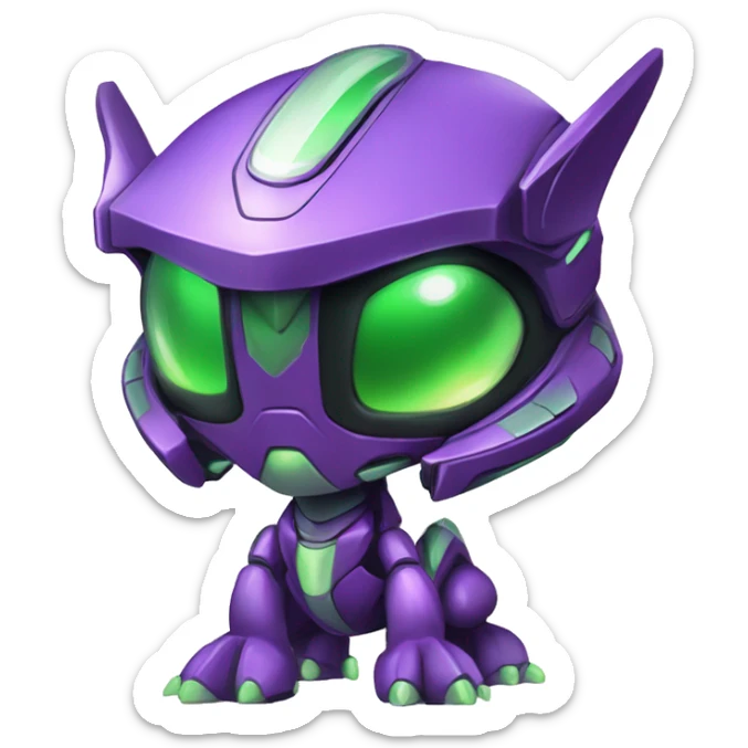 a chibi-style purple-green Genesect-Raptor-Fakémon—hybrid with a futuristic visor-helmet full body sticker