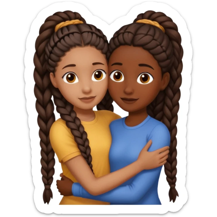 one black girl with long braids. one black girl with 2 long braids. and one tan girl with brunette hair hugging sticker
