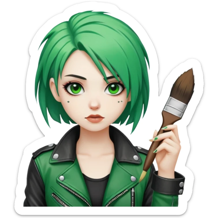 punk-girl with green hair in leather jacket with brush and 🤟🏻  sticker