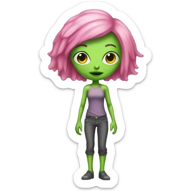 a green alien woman full body,pink hair sticker