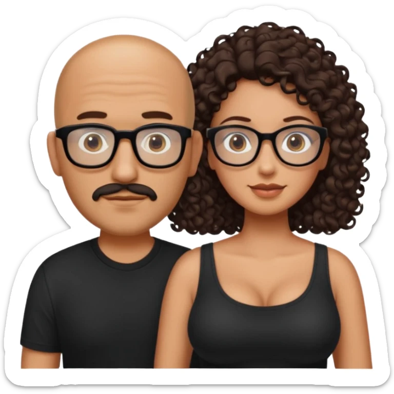 A picture of a tanned couple. the man is a Mexican man with tanned skin, with a bald hair cut, short beard and wearing a black shirt, no glasses. the woman is wearing rectangle shaped glasses, with long curly dark brown hair and with big boobs  sticker