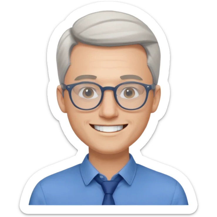 30 yr old pale white man, white/grey side swept stylish hair, round glasses, big smile, white teeth, handsome, longer hair, thin glasses, blue dress shirt sticker