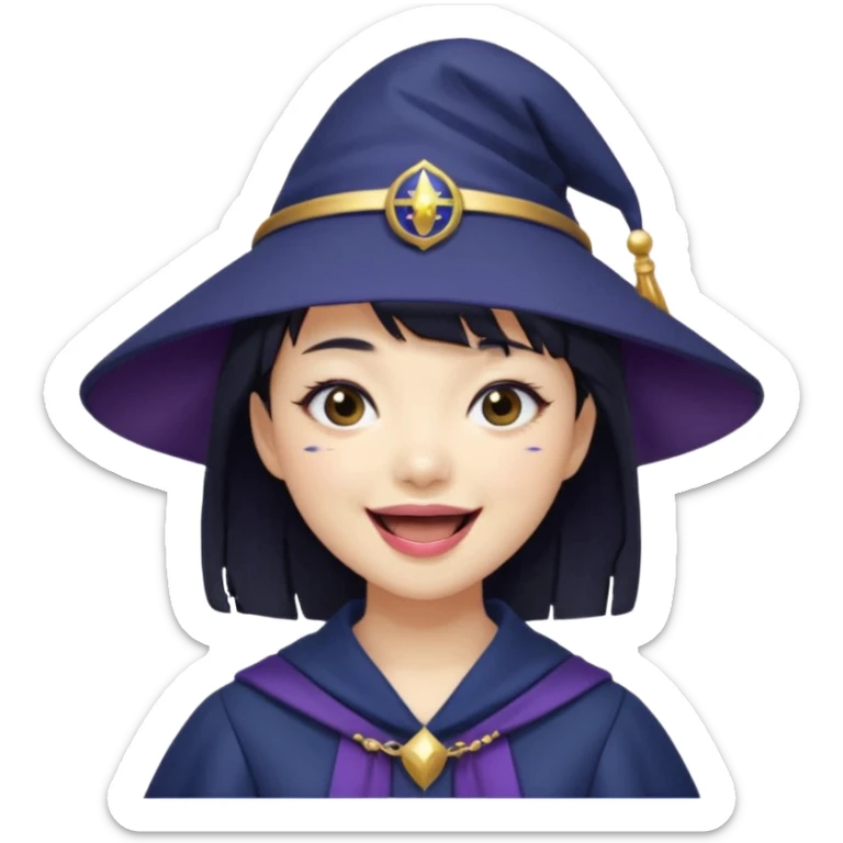 An Asian short-haired girl with short raven hair and bangs, with heterochromia eyed, eyeliner, and laughs with teeth and her tiny fang of mauve-toned lipstick, wears a dark navy wizard hat with an emblem on it. sticker