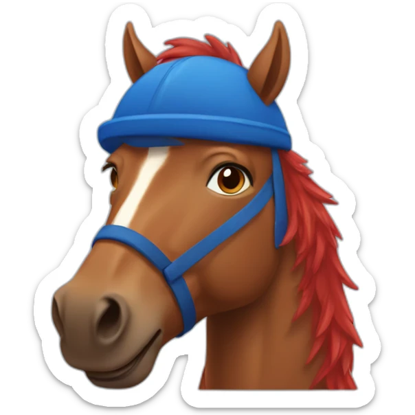 brown horse with red hair wearing blue hockey jersey sticker