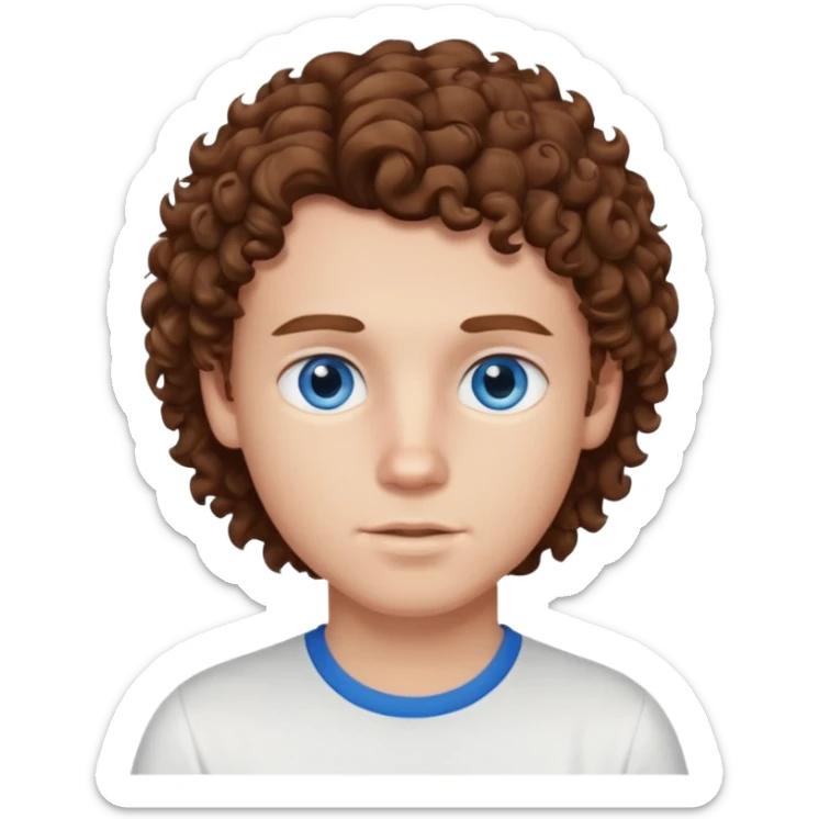 White boy with blue eyes and brown semi long hair with a White shirt without a side part, curly hair sticker