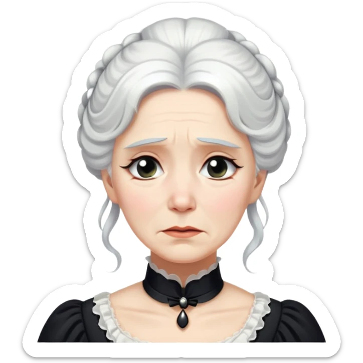 A Victorian woman with elegant coiffed white hair wearing a modest black mourning dress sobbing with tears streaming down her cheeks sticker