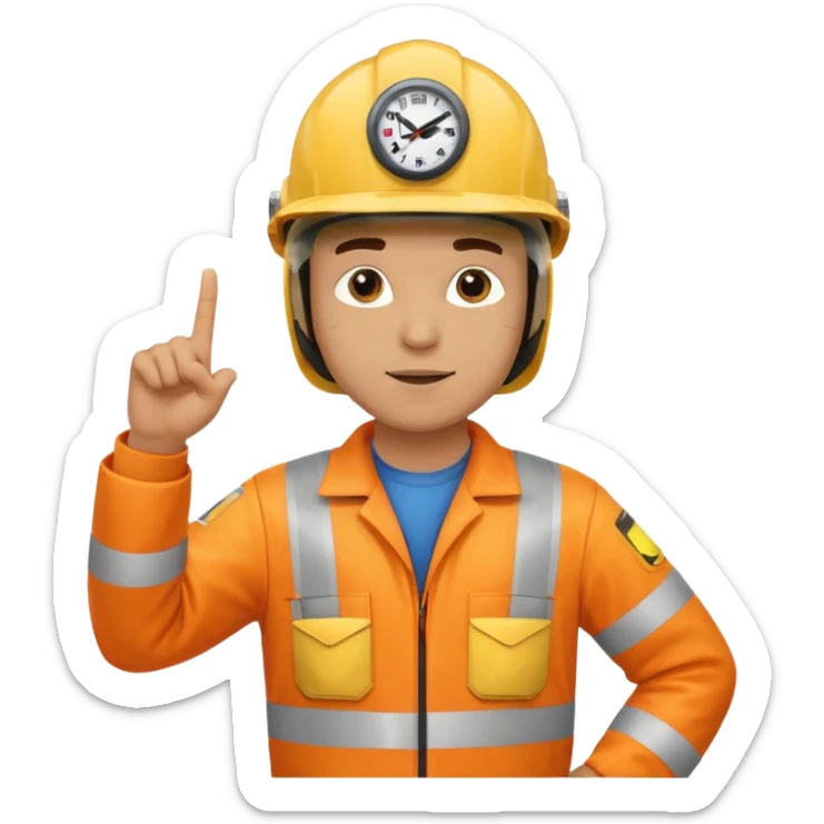 a guy wearing safety outfit with helmet standing and pointing finger to 3 oclock direction sticker