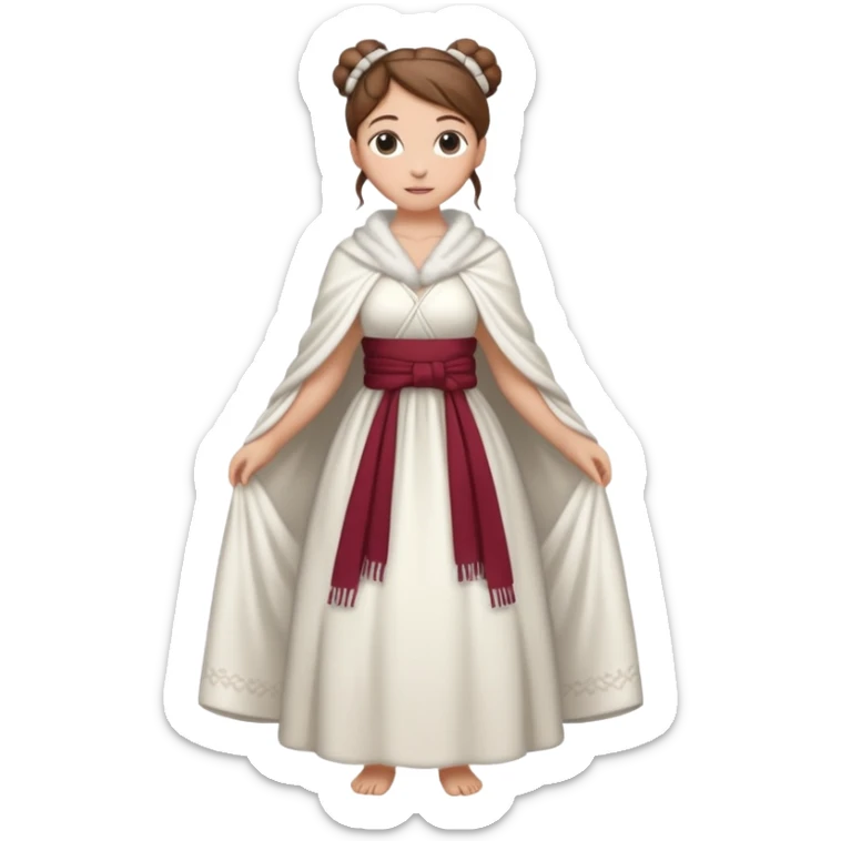 Cuerpo entero, chica blanca, pelo castaño, pelo recogido con mondongos, vestido novia largo con chal invierno cuerpo entero sticker