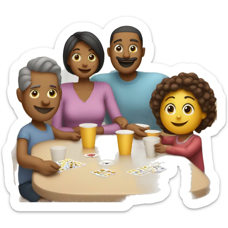 An emoji of a family—mother, father, and child—sitting at a table, playing a cup game with paper cups arranged on the table as they have fun together sticker