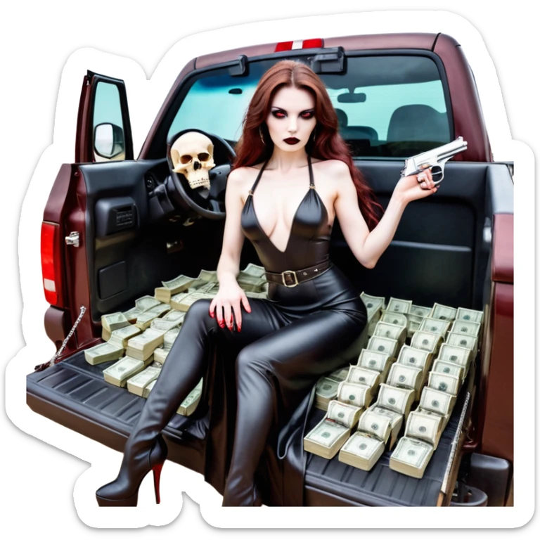Lilith red eye seductress evil long brown haired sexy succubus woman with leather long seductive dress on, sitting in Big Large F350 pickup truck. Wearing super tall black platform high heels, Back seat full of stacks of cash, she is  Holding a human skull of her enemies and a gun in other hand sticker