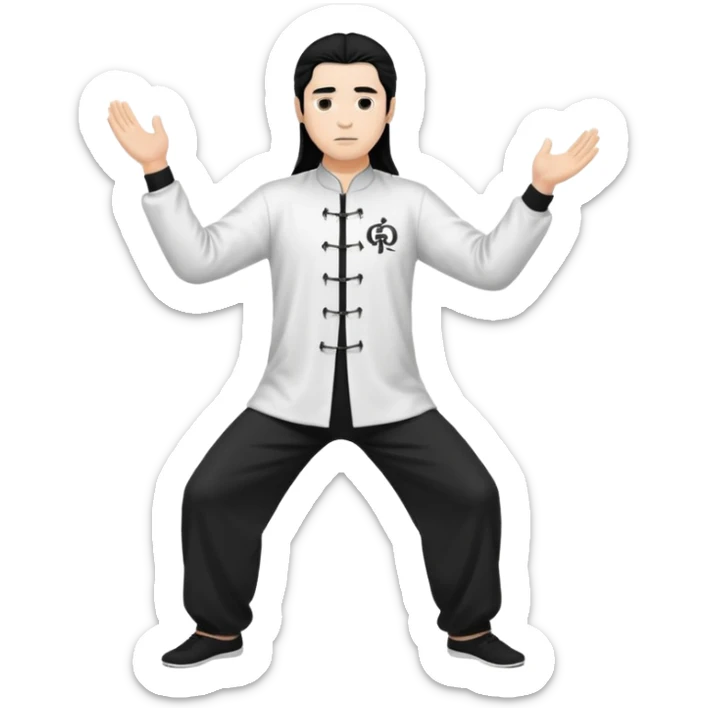 homme au cheveux long qui pratique le qi gong, habits noirs ou blancs, en position debout sticker