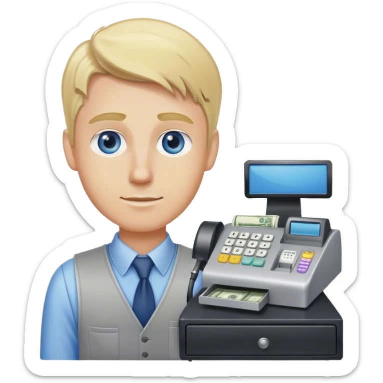 blond hair blue eye male store clerk with cash register sticker
