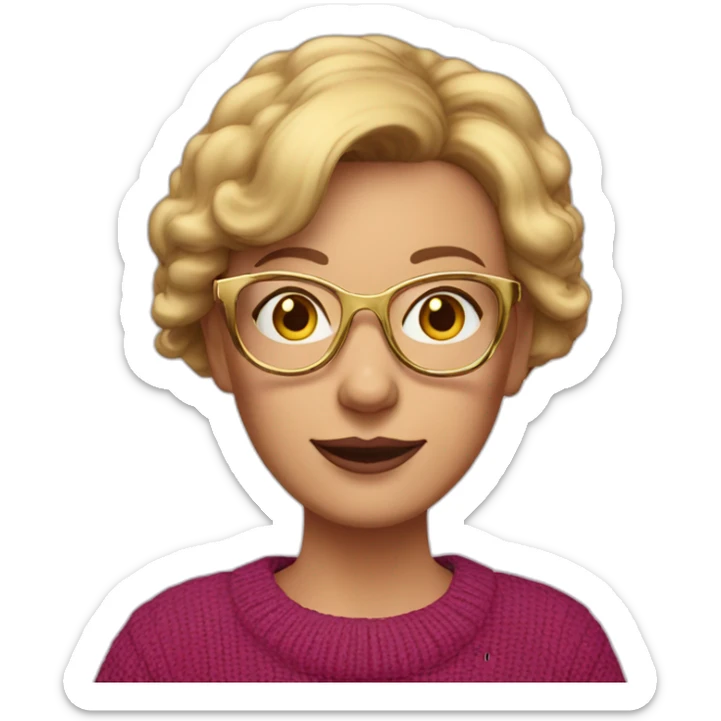 45-year-old Dutch white woman with bordeaux colored short hair, pink sweater and gold glasses sticker