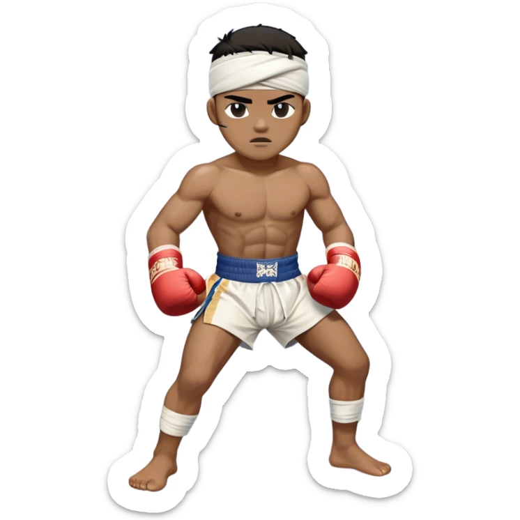 ​Cinematic Realistic Traditional Muay Thai Fighter such as Buakaw Banchamek, depicted in authentic attire featuring white bandaged gloves wrapped around his fists, a traditional headband tied neatly, and classic Muay Thai shorts, captured in a dynamic fighting stance under dramatic, high-energy lighting that highlights the raw power and elegance of the art, sticker