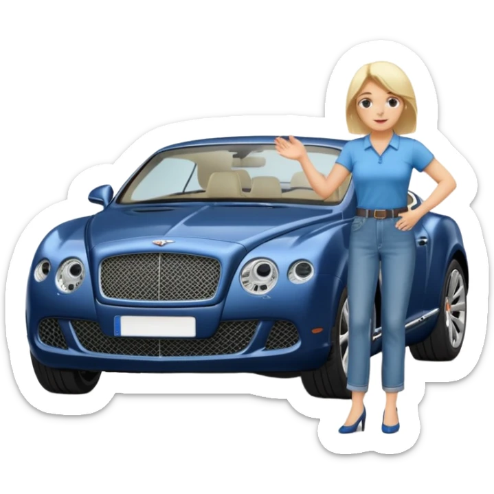A fatter old blond lady in blue jeans washing a black Bentley car. show the full car and the lady next to it. show the face smaller and the person standing beside it sticker