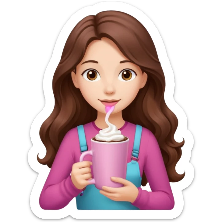 menina branca com cabelos castanhos longos ondulados com xícara rosa na frente com chocolate quente, com blusa de alça fina sticker