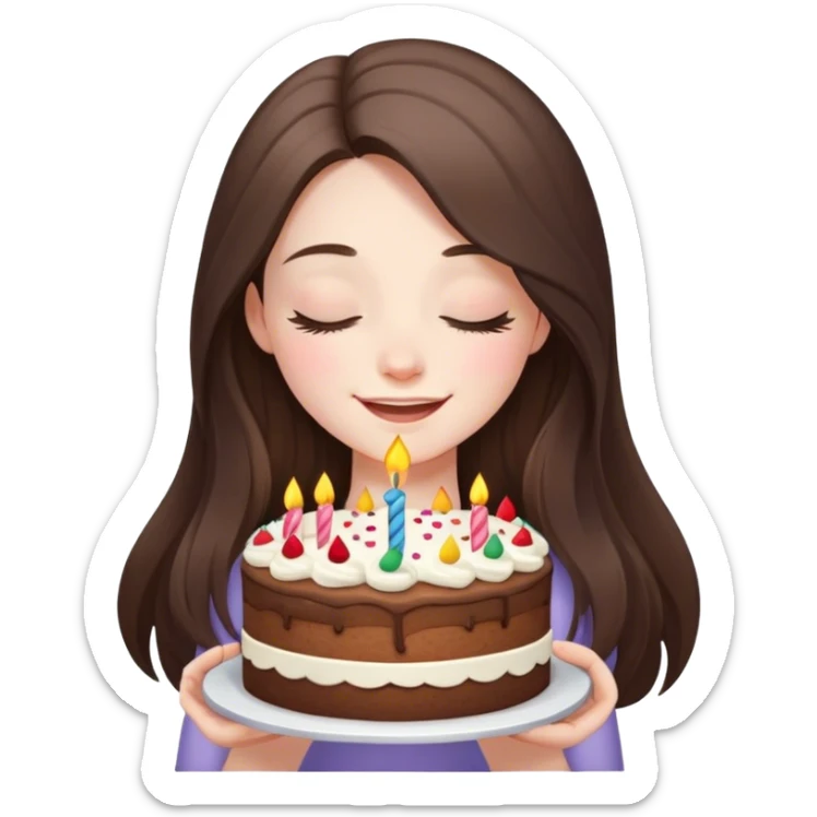happy beautiful pale brunette girl with long eyes closed hair holding a piece of birthday cake  sticker