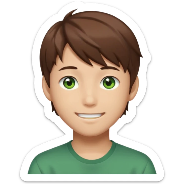 Discord emoji. the face of an Anime asian style teen boy with brown hair, green eyes, looking smiling slightly sideways positioned. Face must be main filling of the frame.  128px sticker